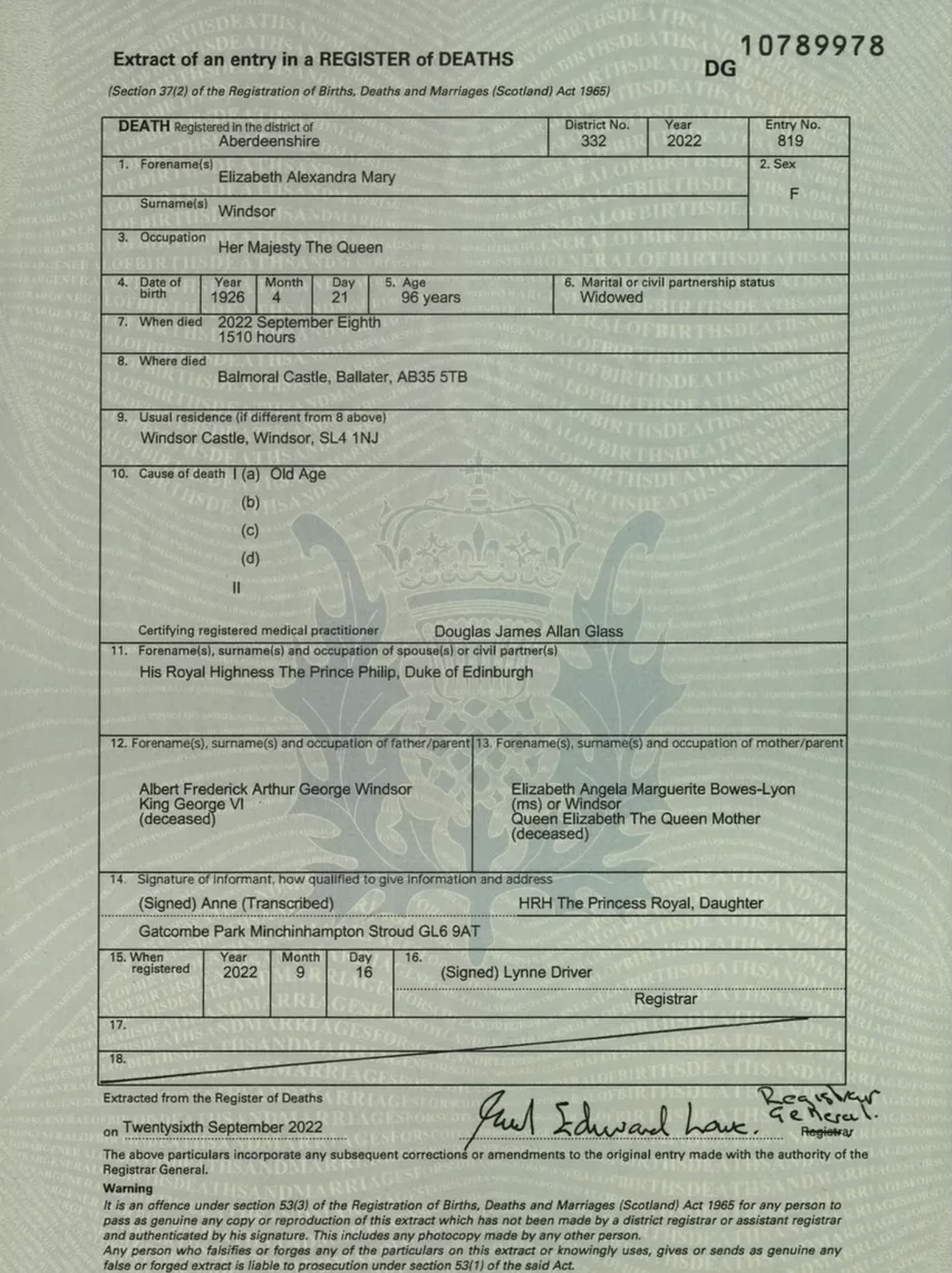 Le certificat de décès de la reine Elizabeth II par les Archives nationales d'Écosse